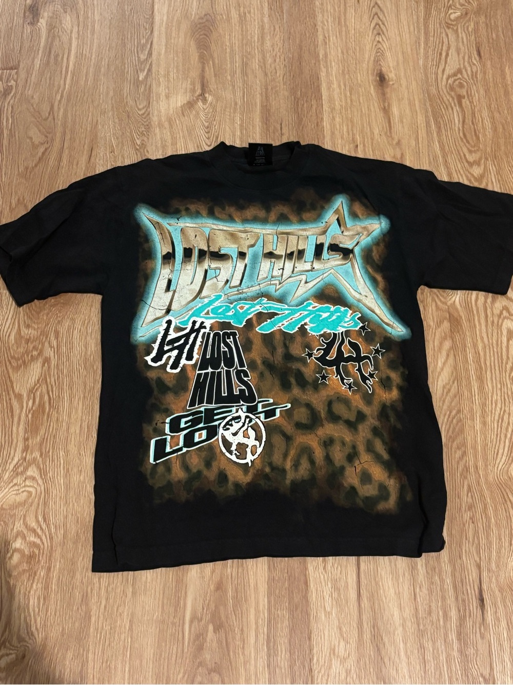 Lost Hills Men’s Graphic Tee — Black with Teal Accents size S oversized
